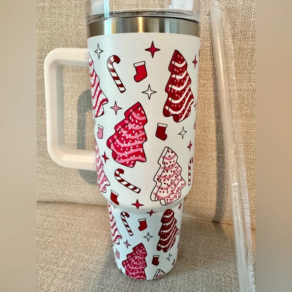 New XL Christmas Tree Cake Stainless Steel Metal Travel Mug Cup Tumbler 40oz